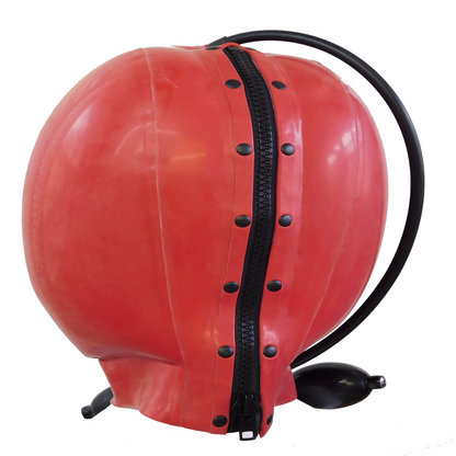close-up of riveted zipper on latex hood for extra strength and durability"